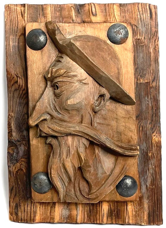 New England Folk Art Wood Carved Relief Portrait - Antique Handicraft Wall-Hanging