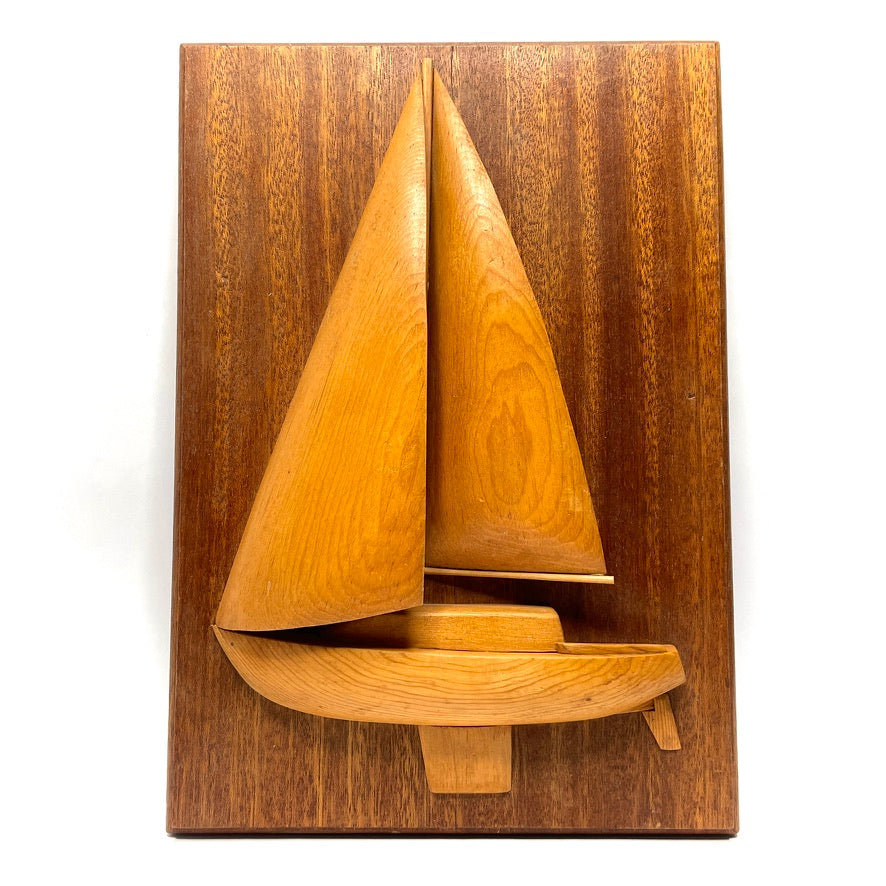 Vintage 70s New England Folk Art Sailboat Relief Carving - 10x14"