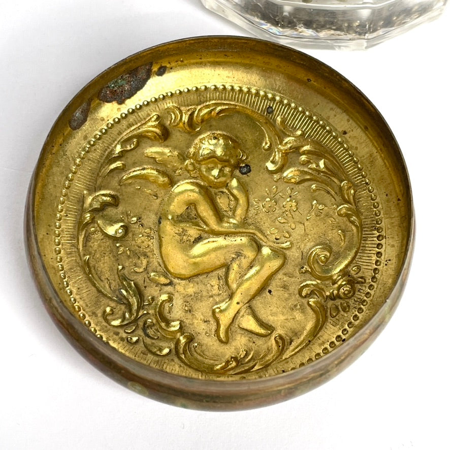 Antique 1910 Bronze Top Cupid Vanity Jar