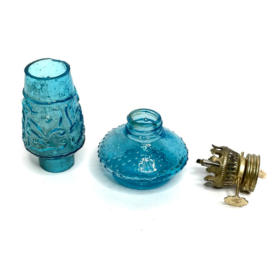 Blue Glass Mini Oil Lamp w/ Brass Dial - Vintage Midcentury Art Glass