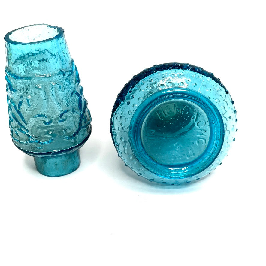 Blue Glass Mini Oil Lamp w/ Brass Dial - Vintage Midcentury Art Glass