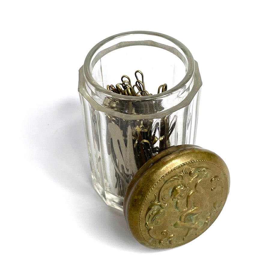 Antique 1910 Bronze Top Cupid Vanity Jar