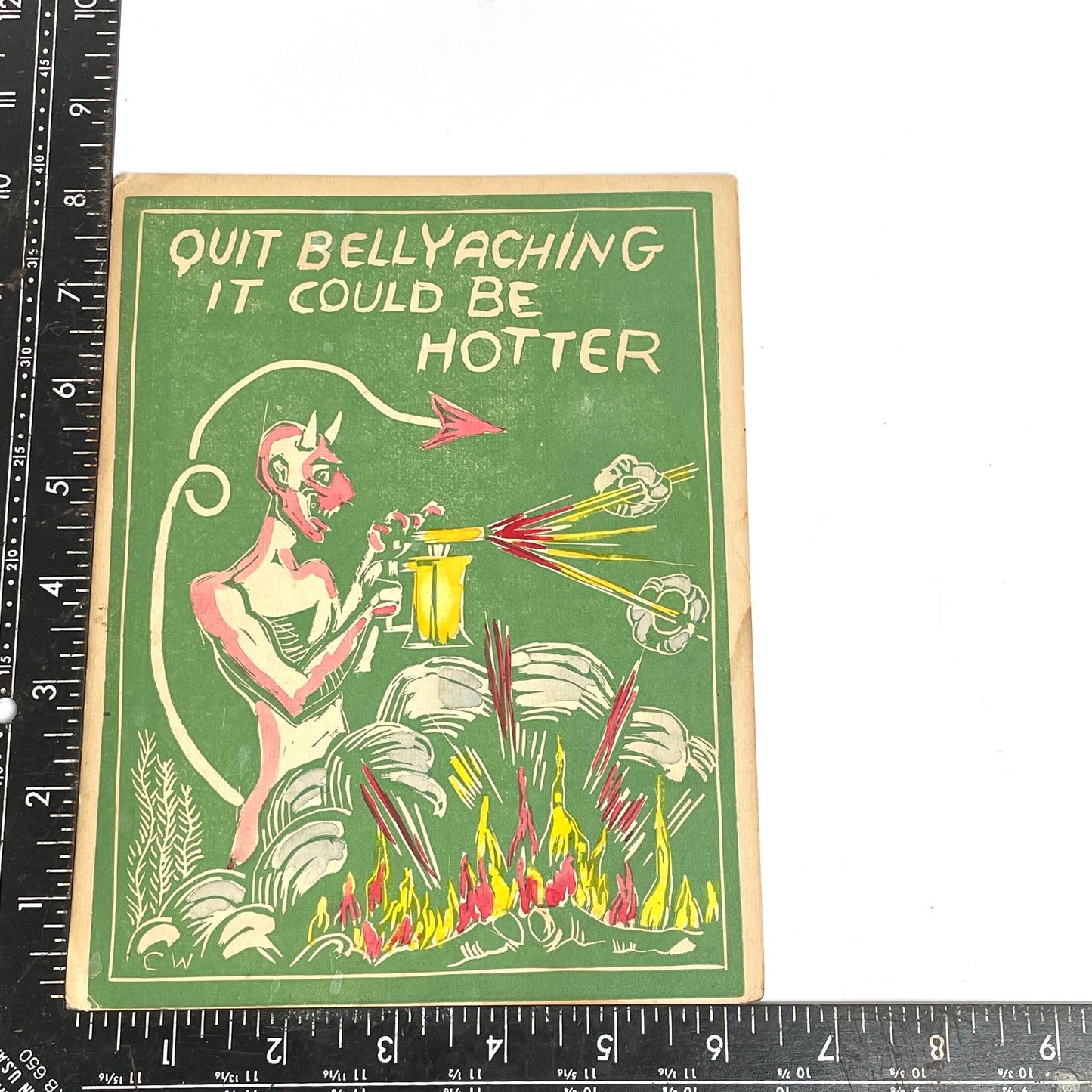 "Quit Bellyaching It Could Be Hotter" Flamethrowing Devil Linocut Print with Hand Coloring