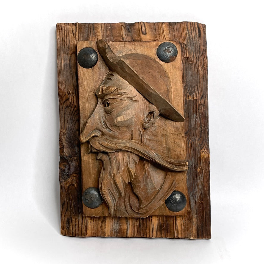 New England Folk Art Wood Carved Relief Portrait - Antique Handicraft Wall-Hanging