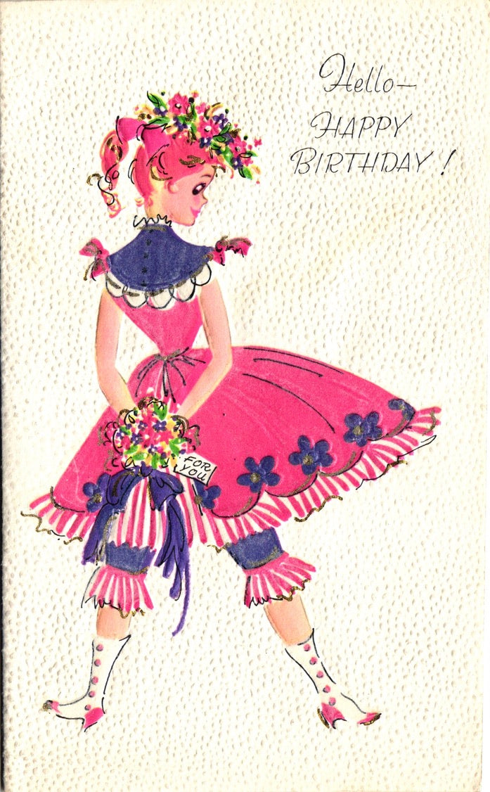 Birthday - Pink Dress - Textured Vintage Greeting Card - Gold Stamped + Embossed