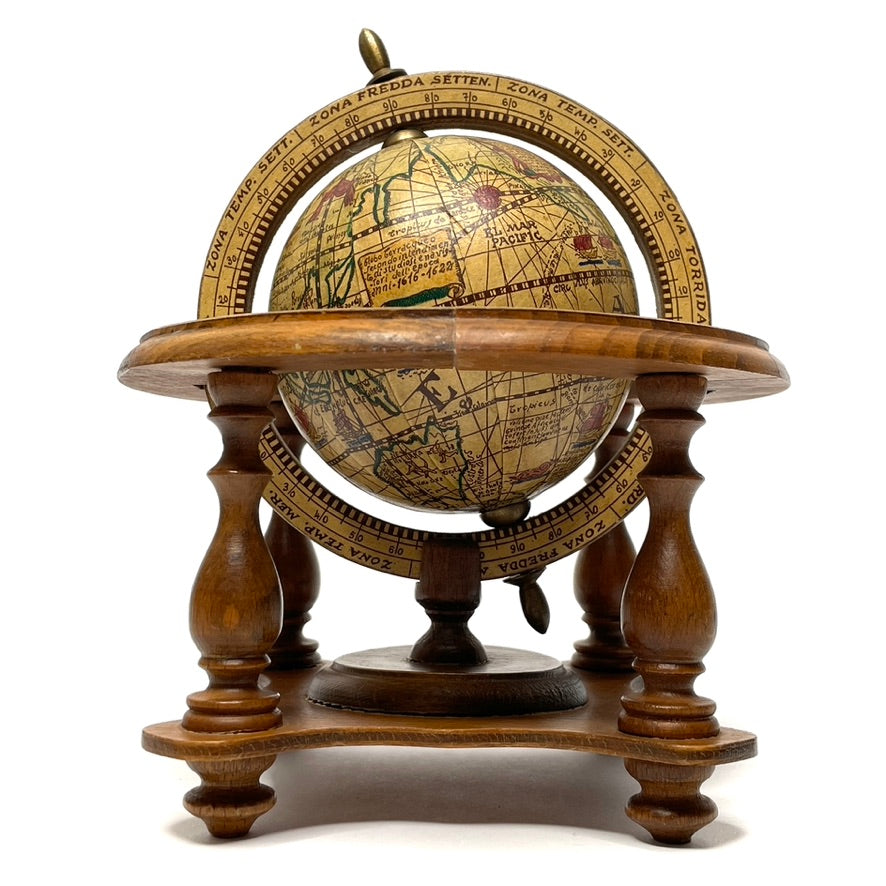 17th Century Style Wooden Terrestrial Mini Globe w/ Zodiac Signs