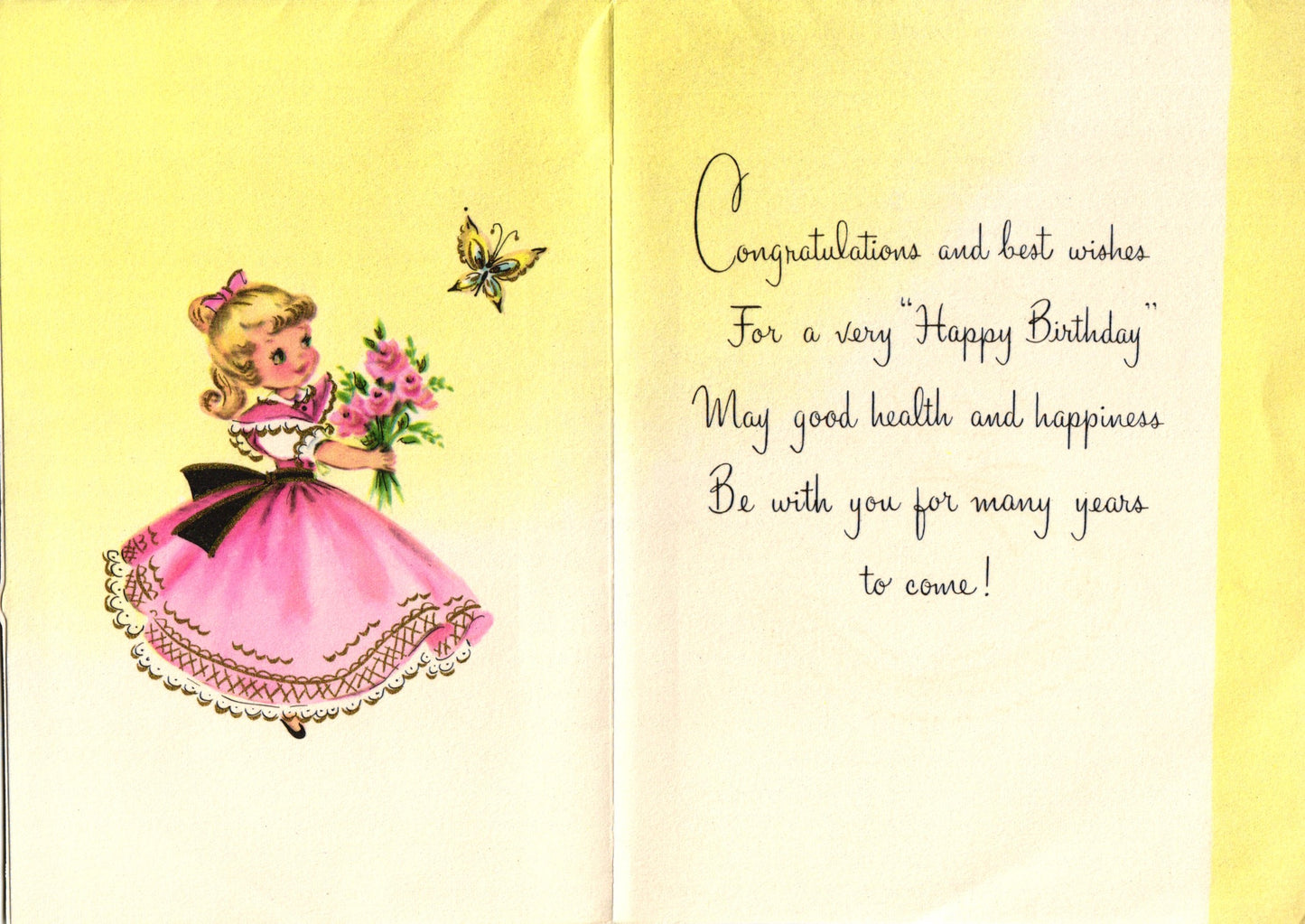 Birthday - Birthday Gal and Kitten - Vintage Greeting Card - Gold Stamped + Embossed