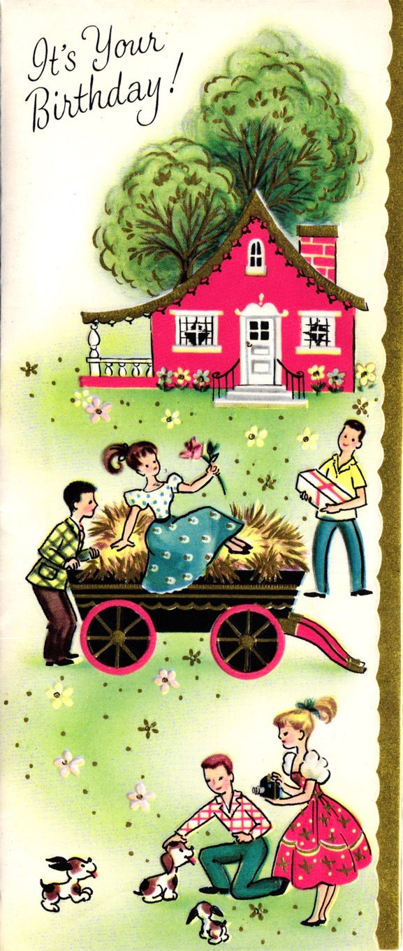 Birthday - Farmhouse Party - Glossy Slim Vintage Greeting Card - Gold Stamped + Embossed
