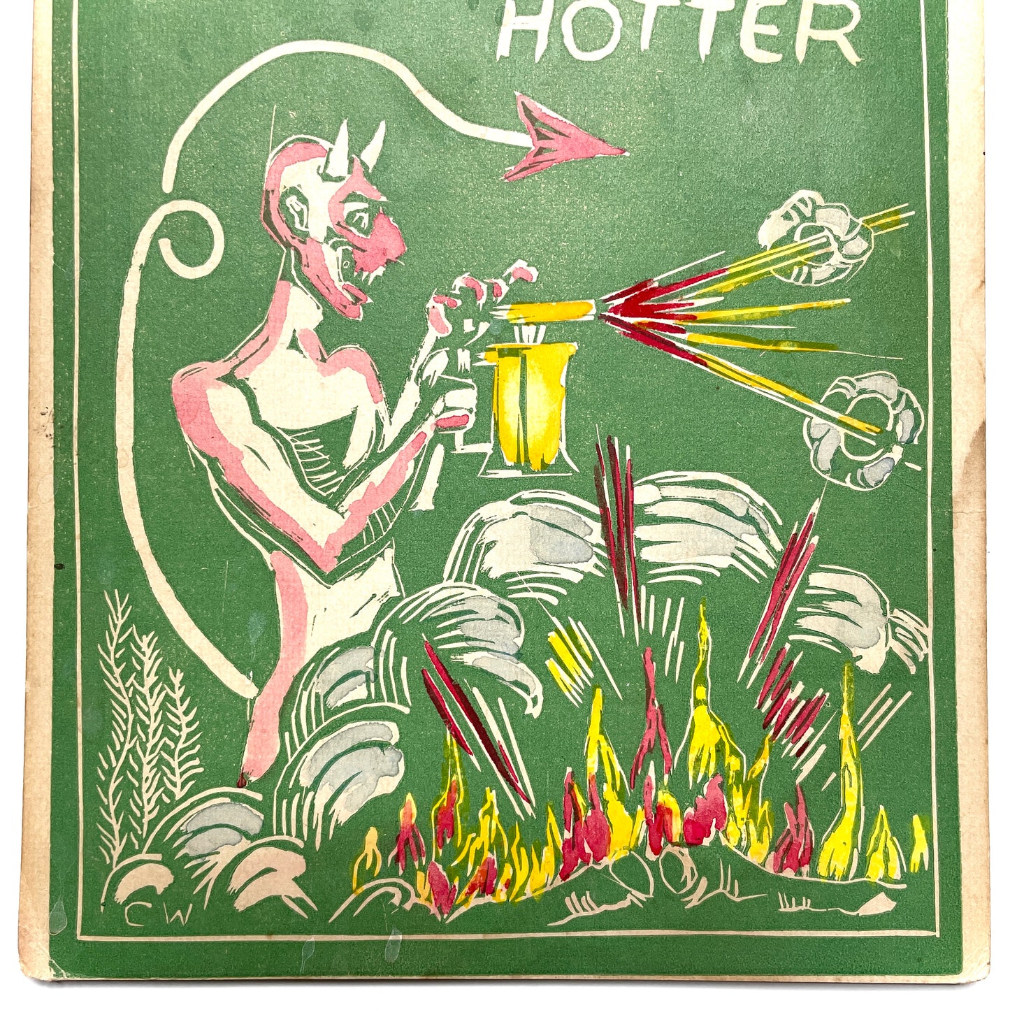 "Quit Bellyaching It Could Be Hotter" Flamethrowing Devil Linocut Print with Hand Coloring