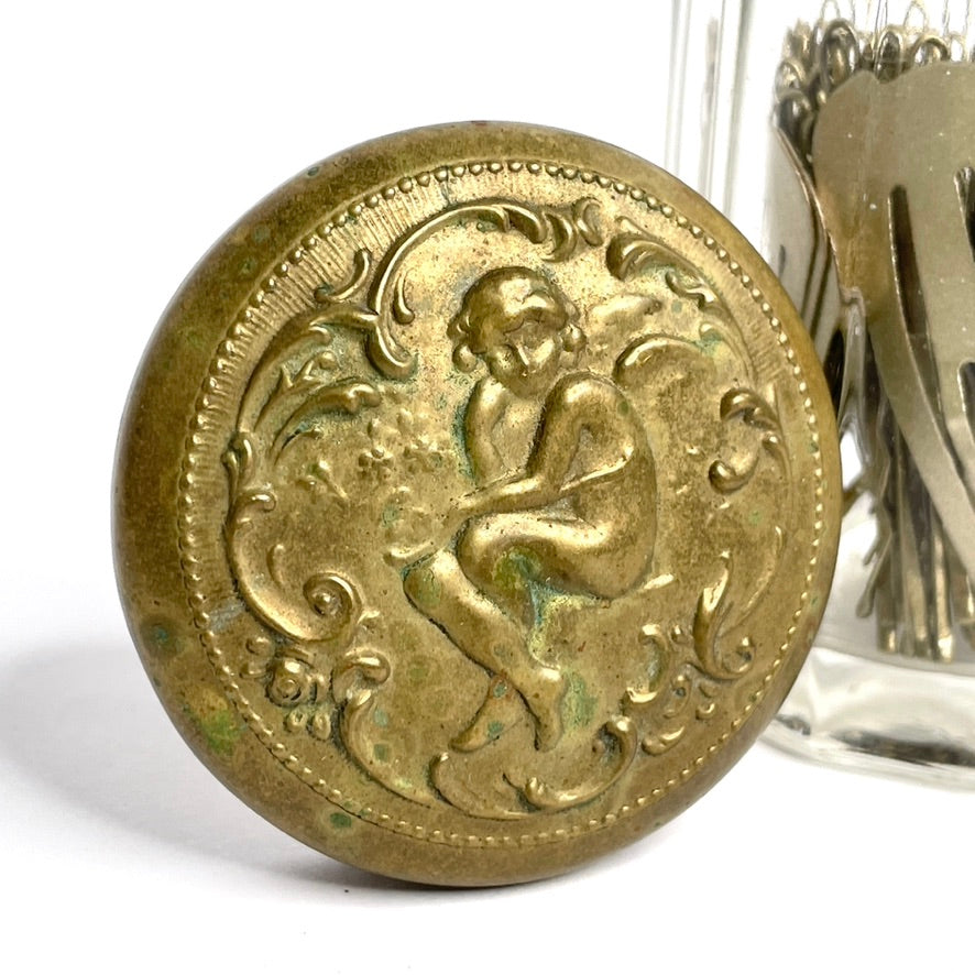 Antique 1910 Bronze Top Cupid Vanity Jar