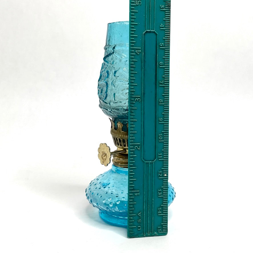 Blue Glass Mini Oil Lamp w/ Brass Dial - Vintage Midcentury Art Glass