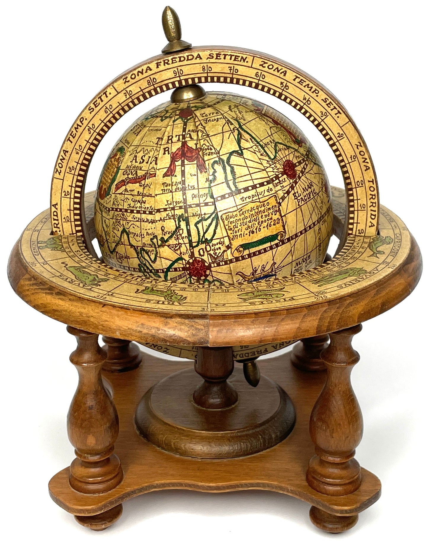 17th Century Style Wooden Terrestrial Mini Globe w/ Zodiac Signs
