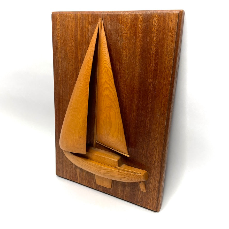 Vintage 70s New England Folk Art Sailboat Relief Carving - 10x14"