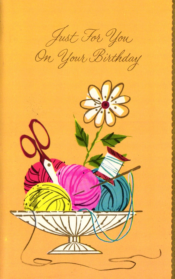 Birthday - Yarn Basket - Vintage Greeting Card - Gold Stamped