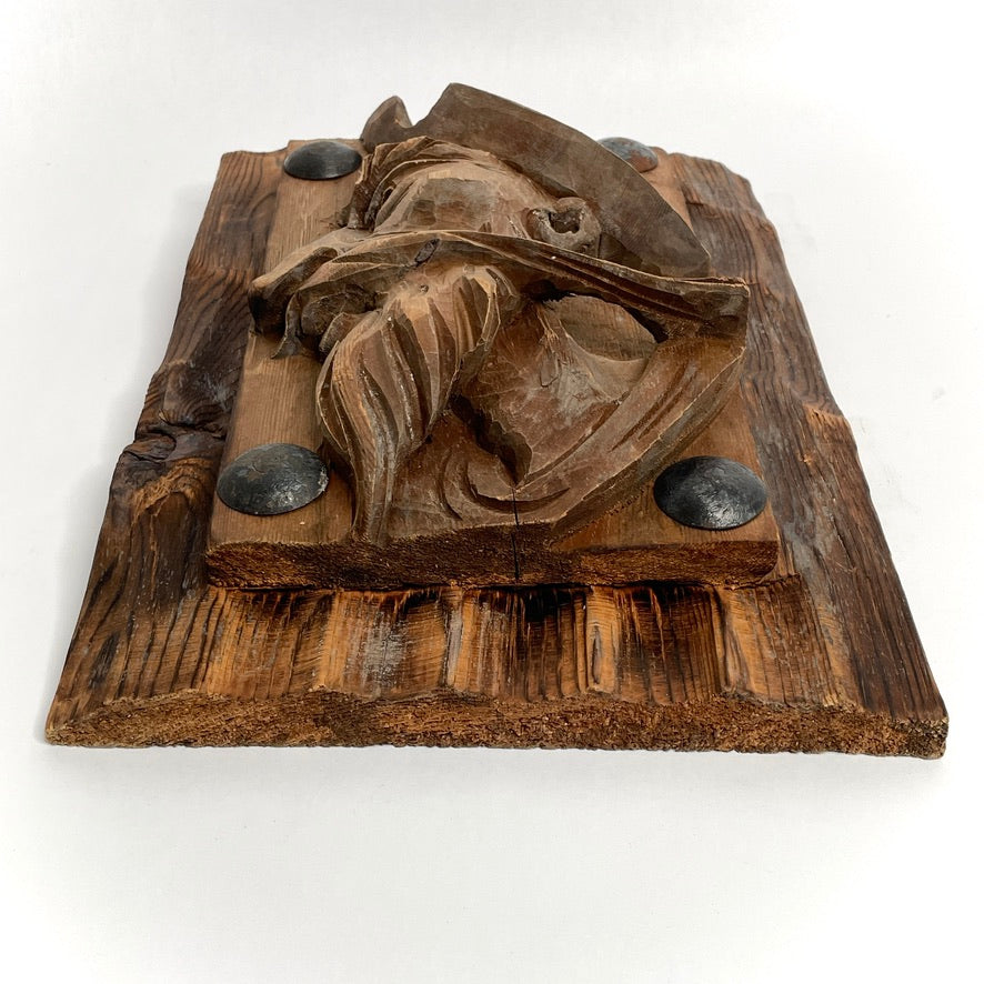 New England Folk Art Wood Carved Relief Portrait - Antique Handicraft Wall-Hanging