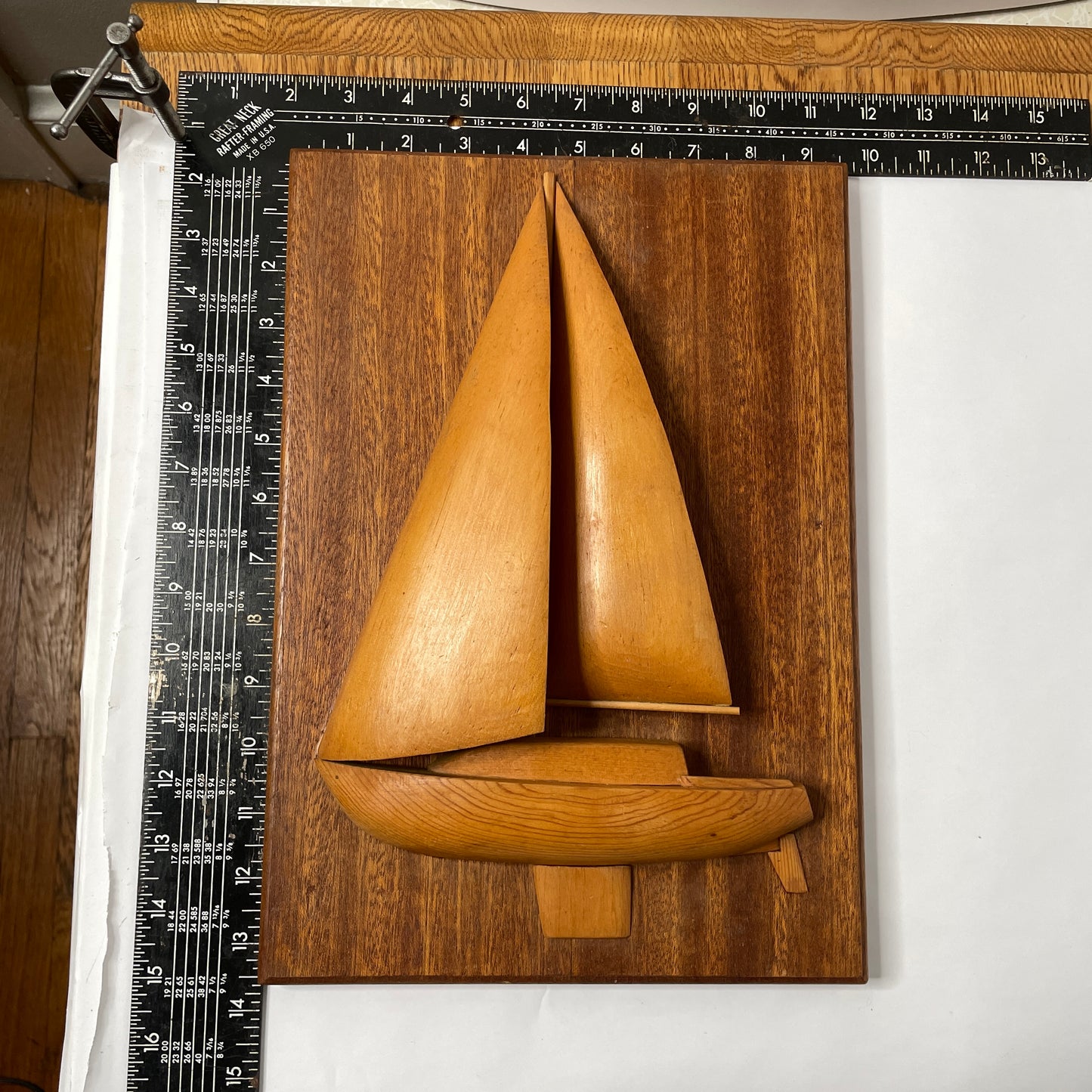 Vintage 70s New England Folk Art Sailboat Relief Carving - 10x14"