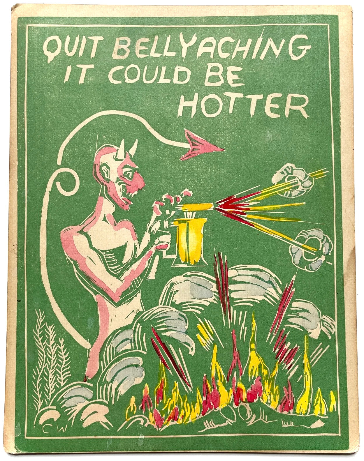 "Quit Bellyaching It Could Be Hotter" Flamethrowing Devil Linocut Print with Hand Coloring