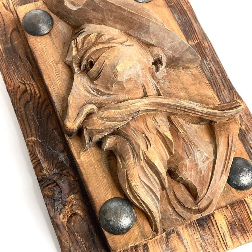 New England Folk Art Wood Carved Relief Portrait - Antique Handicraft Wall-Hanging