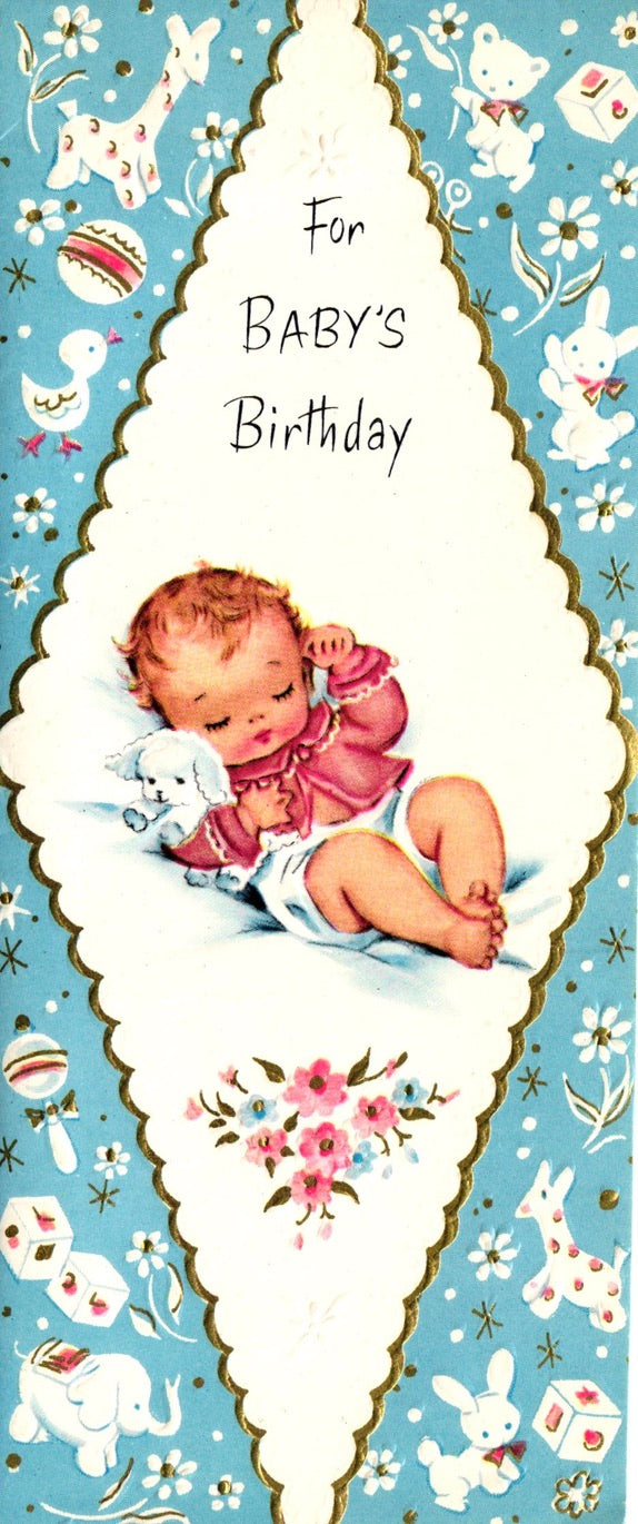 Birthday - Happy Birthday Baby - Glossy Slim Vintage Greeting Card - Gold Stamped + Embossed