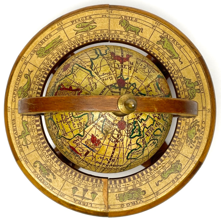 17th Century Style Wooden Terrestrial Mini Globe w/ Zodiac Signs
