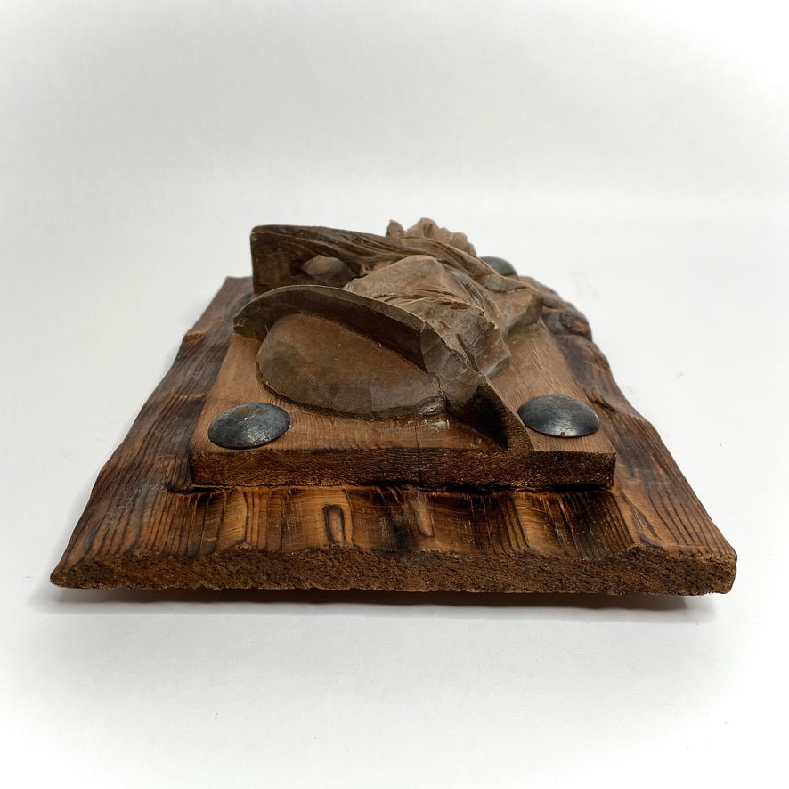 New England Folk Art Wood Carved Relief Portrait - Antique Handicraft Wall-Hanging