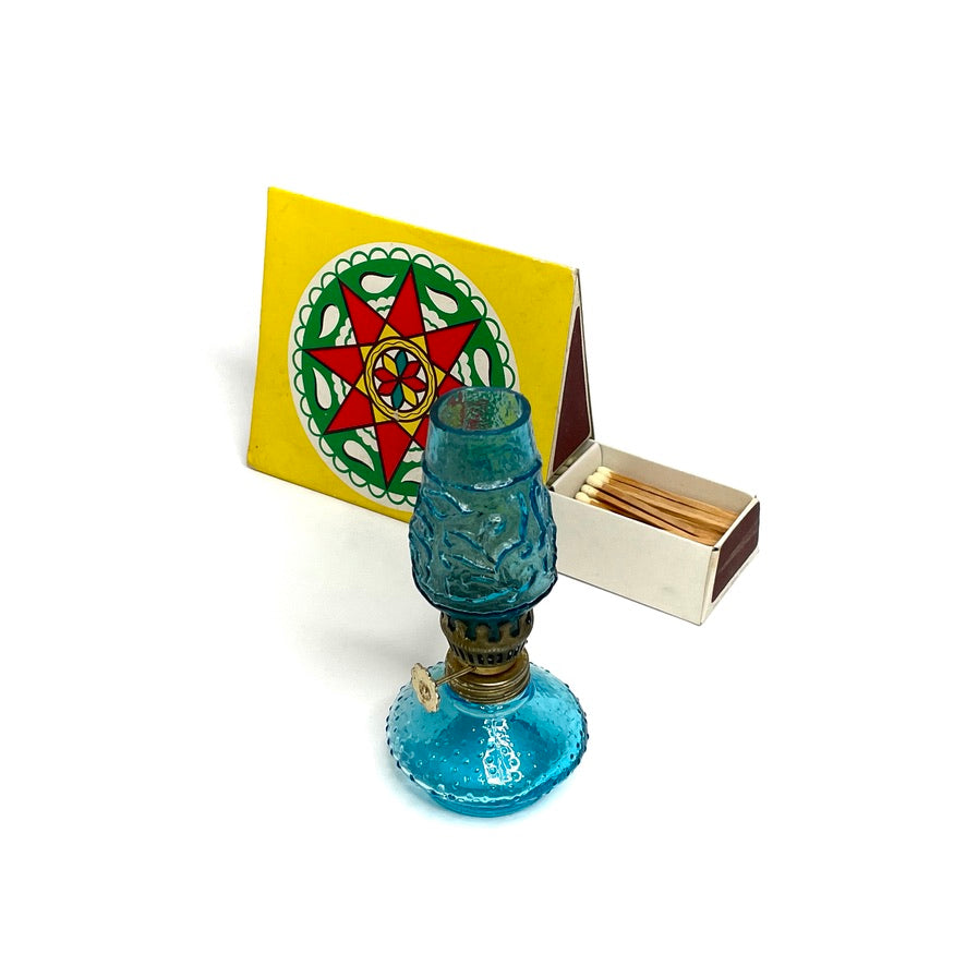 Blue Glass Mini Oil Lamp w/ Brass Dial - Vintage Midcentury Art Glass