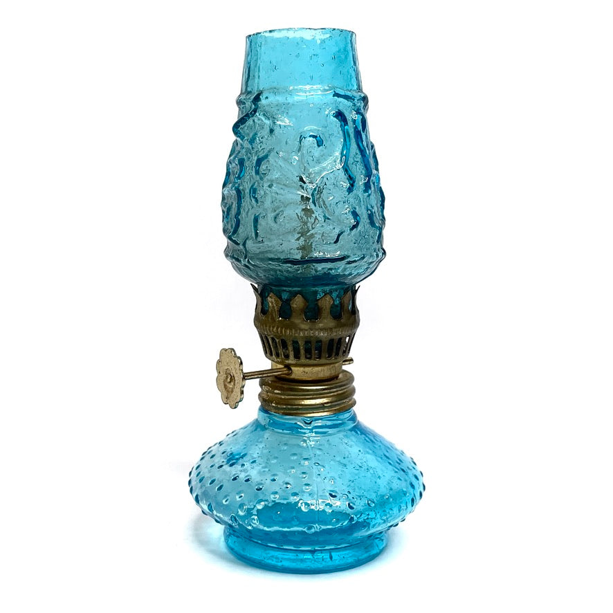 Blue Glass Mini Oil Lamp w/ Brass Dial - Vintage Midcentury Art Glass