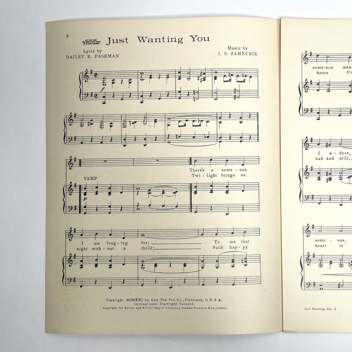 Just Wanting You 1921 Sheet Music