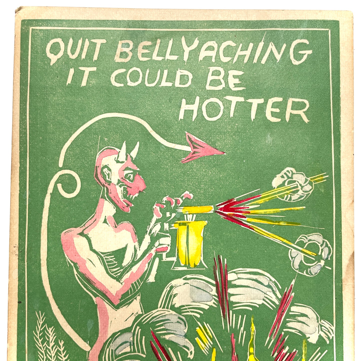 "Quit Bellyaching It Could Be Hotter" Flamethrowing Devil Linocut Print with Hand Coloring
