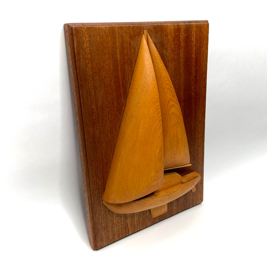 Vintage 70s New England Folk Art Sailboat Relief Carving - 10x14"