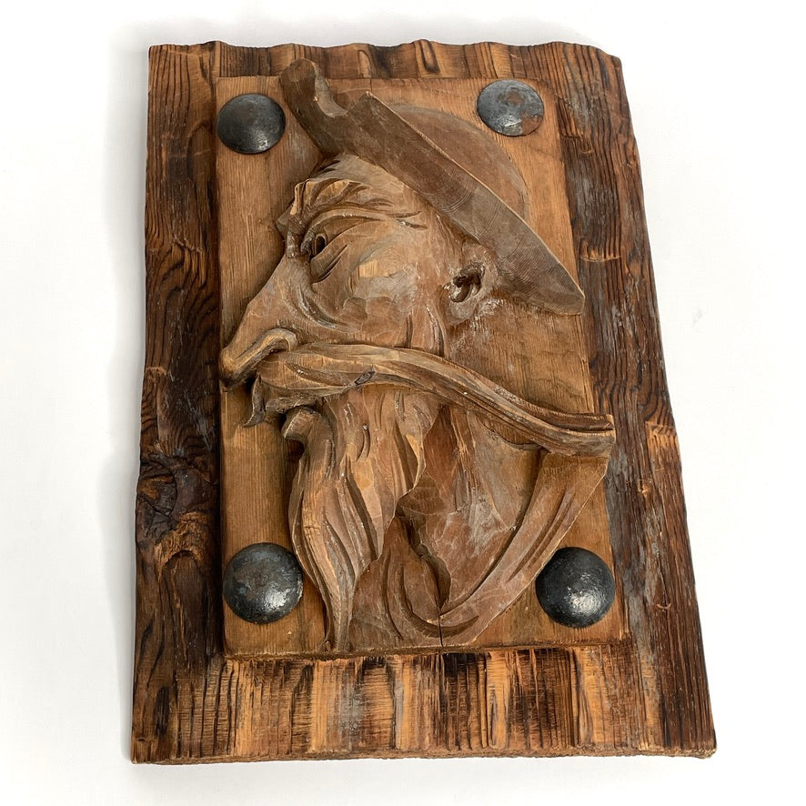New England Folk Art Wood Carved Relief Portrait - Antique Handicraft Wall-Hanging
