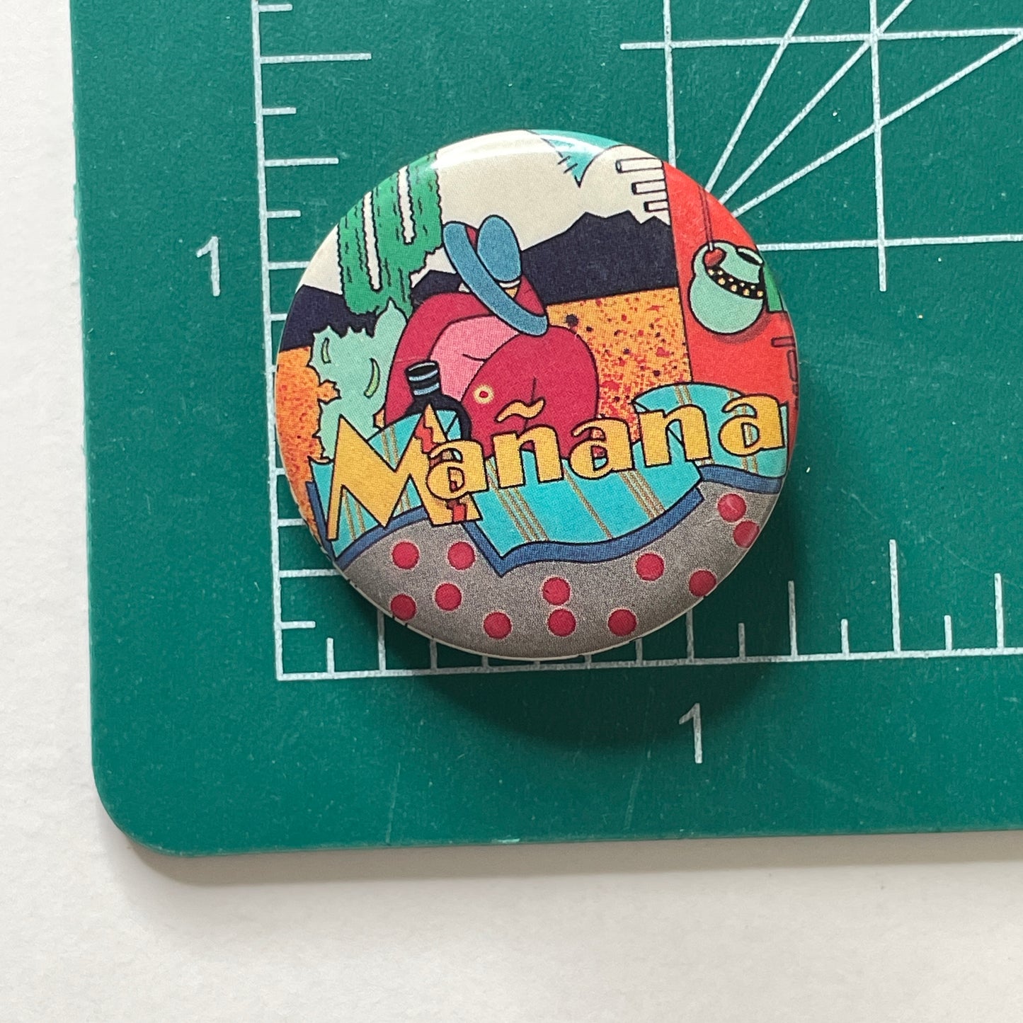 Jim Heimann Mañana 1979 Pop Art Style 80s Vintage Pinback Button 1.25"