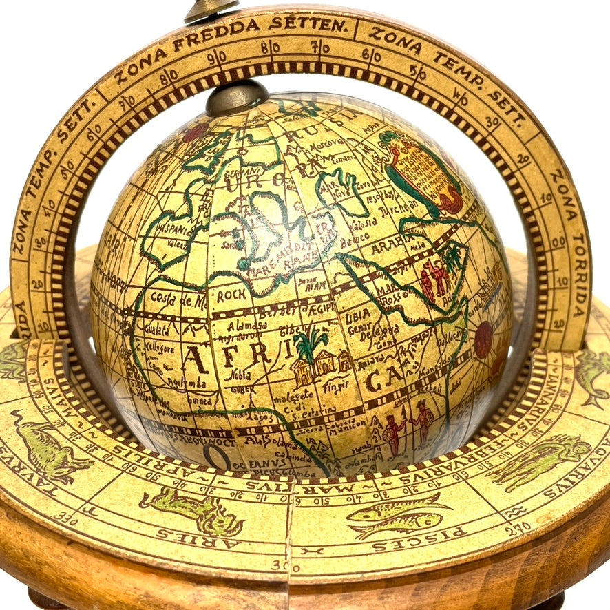 17th Century Style Wooden Terrestrial Mini Globe w/ Zodiac Signs
