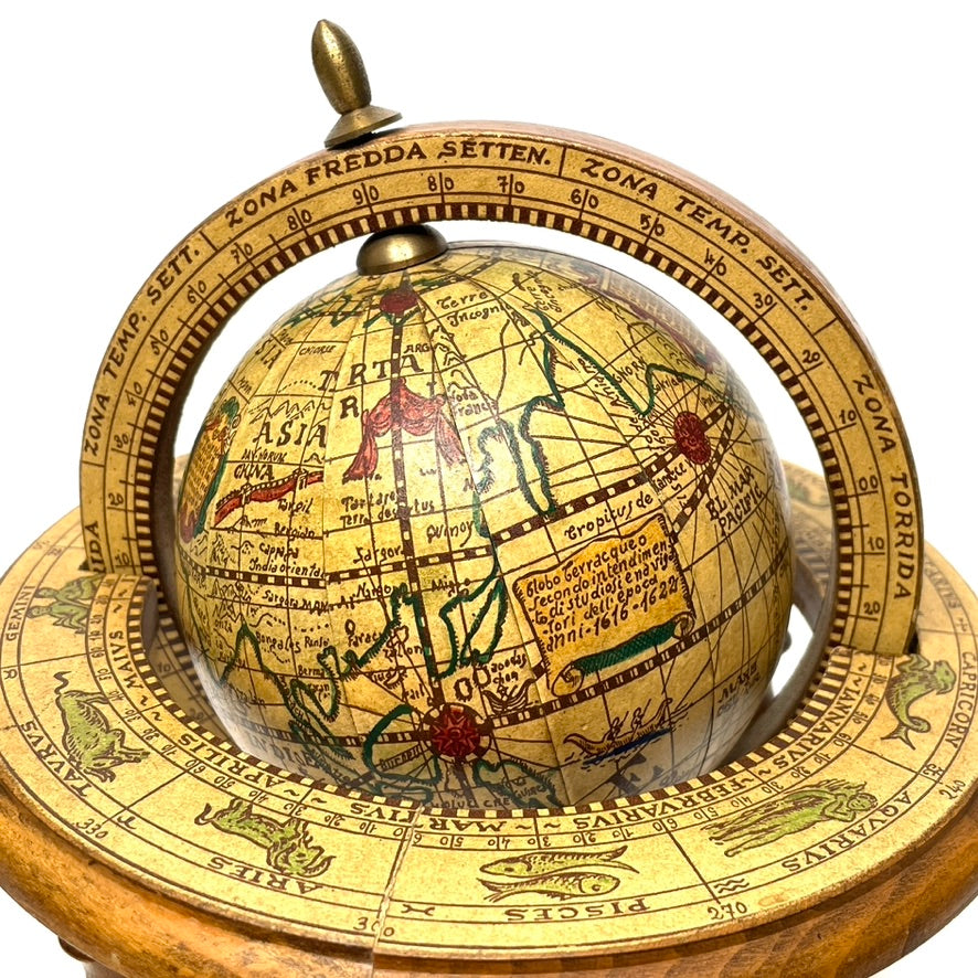 17th Century Style Wooden Terrestrial Mini Globe w/ Zodiac Signs