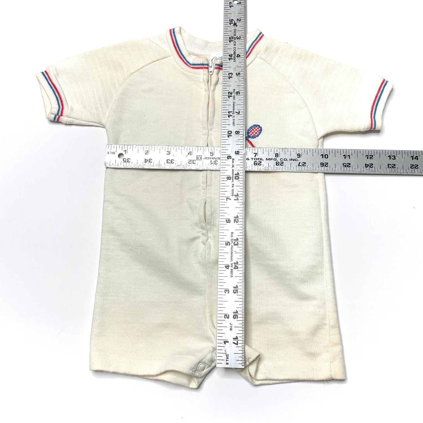 Tennis Embroidery White Knit Zipper Romper 12M