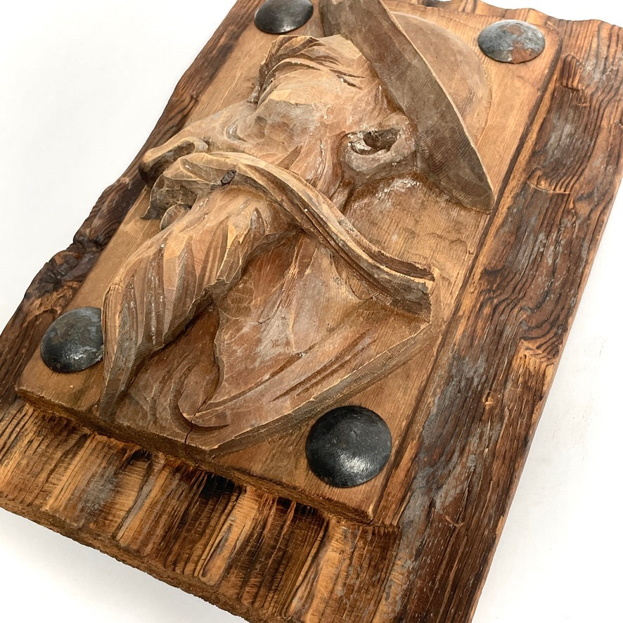 New England Folk Art Wood Carved Relief Portrait - Antique Handicraft Wall-Hanging