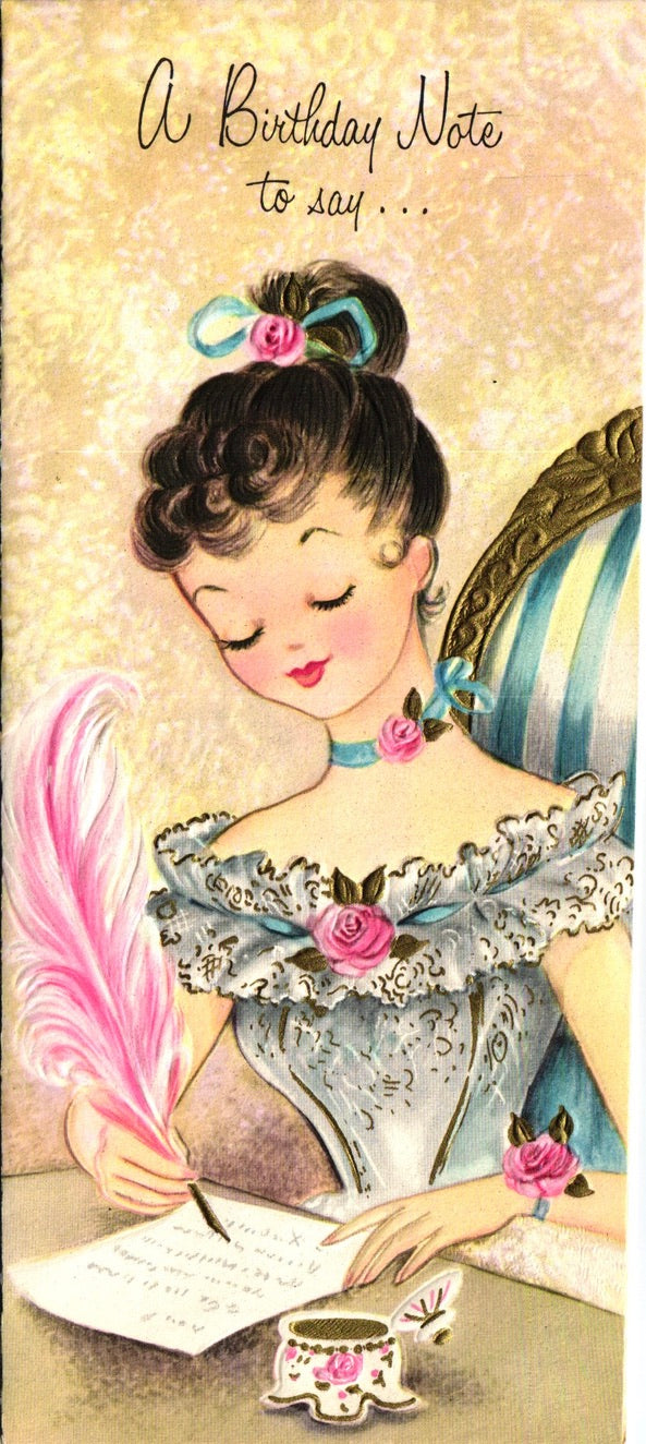 Birthday - Victorian Woman With Quill Pen - Slim Vintage Greeting Card - Gold Stamped + Embossed