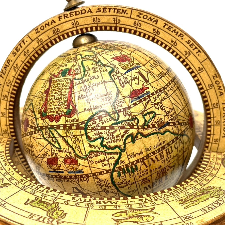 17th Century Style Wooden Terrestrial Mini Globe w/ Zodiac Signs
