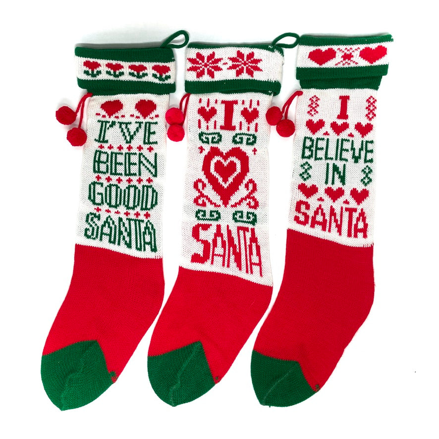Knit Santa Christmas Stockings Set of 3 - Vintage Handmade 21"