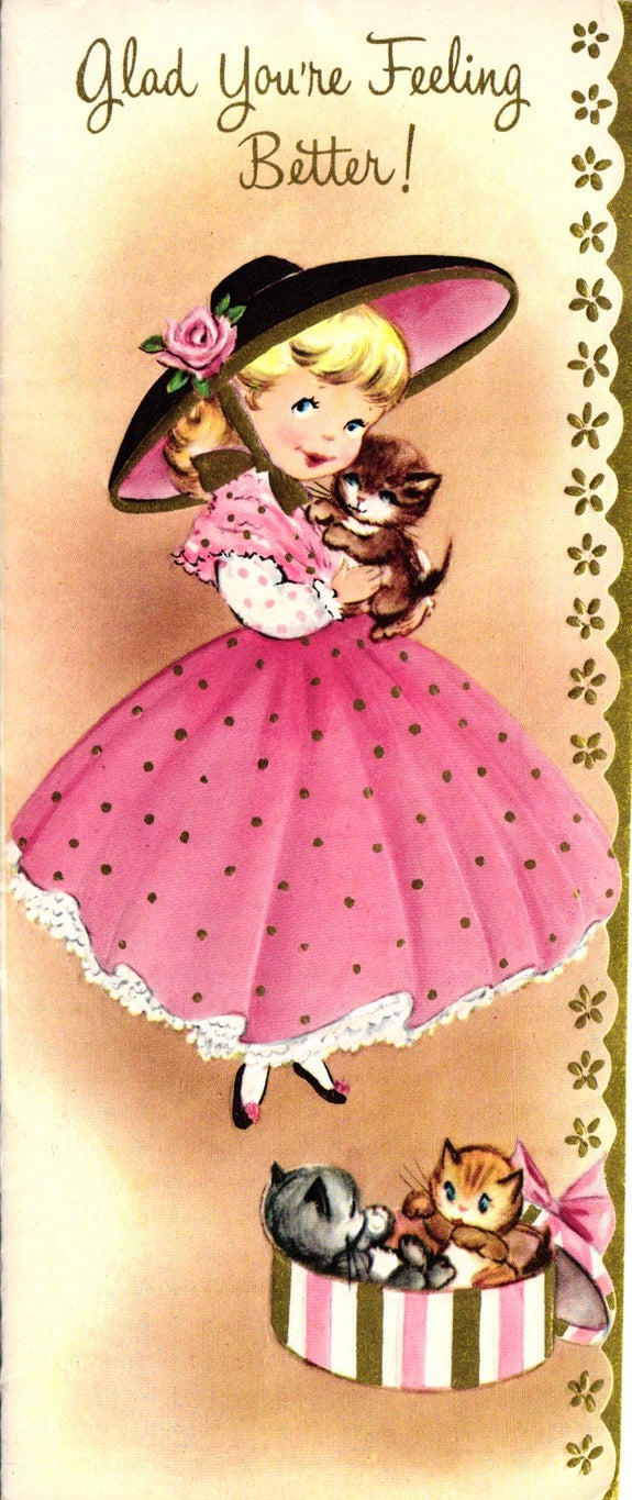 Get Well Soon - Feeling Better Kittens - Glossy Slim Vintage Greeting Card - Gold Stamped + Embossed