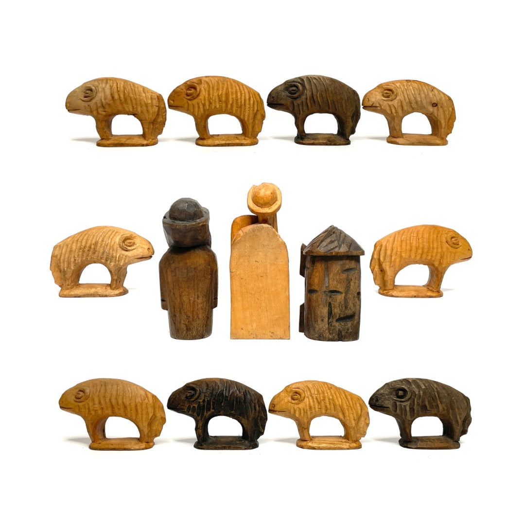 New England Primitive Folk Art Wood Carved Figure Set