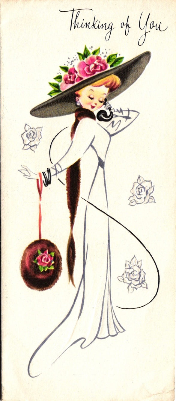 Greetings - Thinking of You - Slim Vintage Greeting Card - Embossed