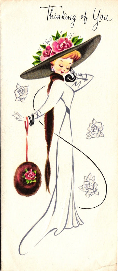 Greetings - Thinking of You - Slim Vintage Greeting Card - Embossed