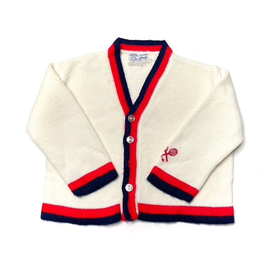 Tennis Embroidery Blue & Red Stripe White Cardigan Sweater 12M