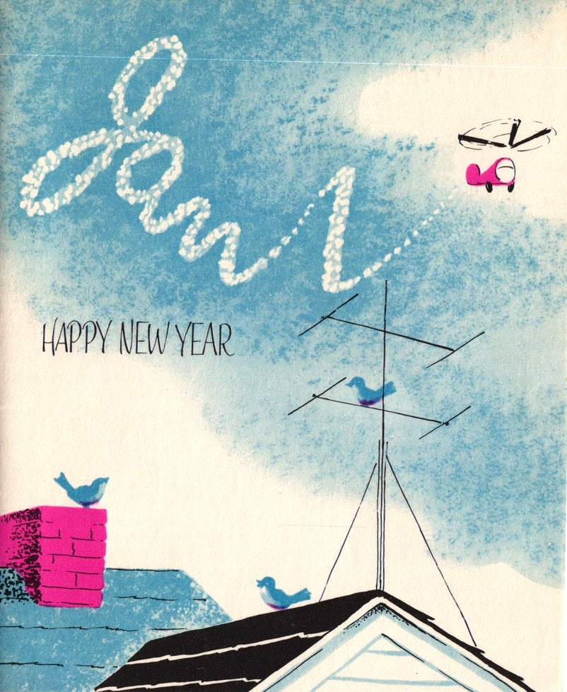 New Years - Helicopter Message - Vintage Greeting Card