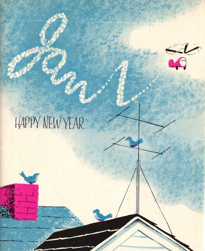 New Years - Helicopter Message - Vintage Greeting Card