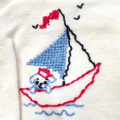 Puppy & Sailboat Embroidery White Overalls 3M