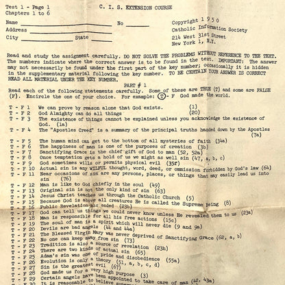 NYC Catholic Information Society 1950 Course Test Manhattan Vintage Christianity Ephemera
