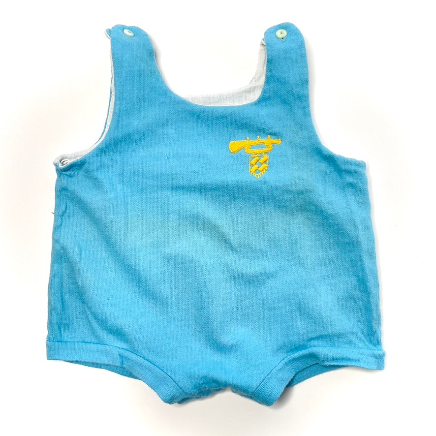 Trumpet Crest Embroidery Rib-Knit Blue Onesie Romper 6M