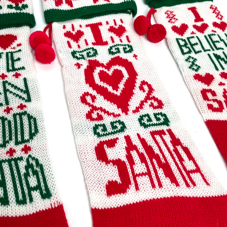 Knit Santa Christmas Stockings Set of 3 - Vintage Handmade 21"